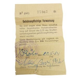 Vintage 1964 Traffic Ticket Warning Germany Ephemera Souvenir